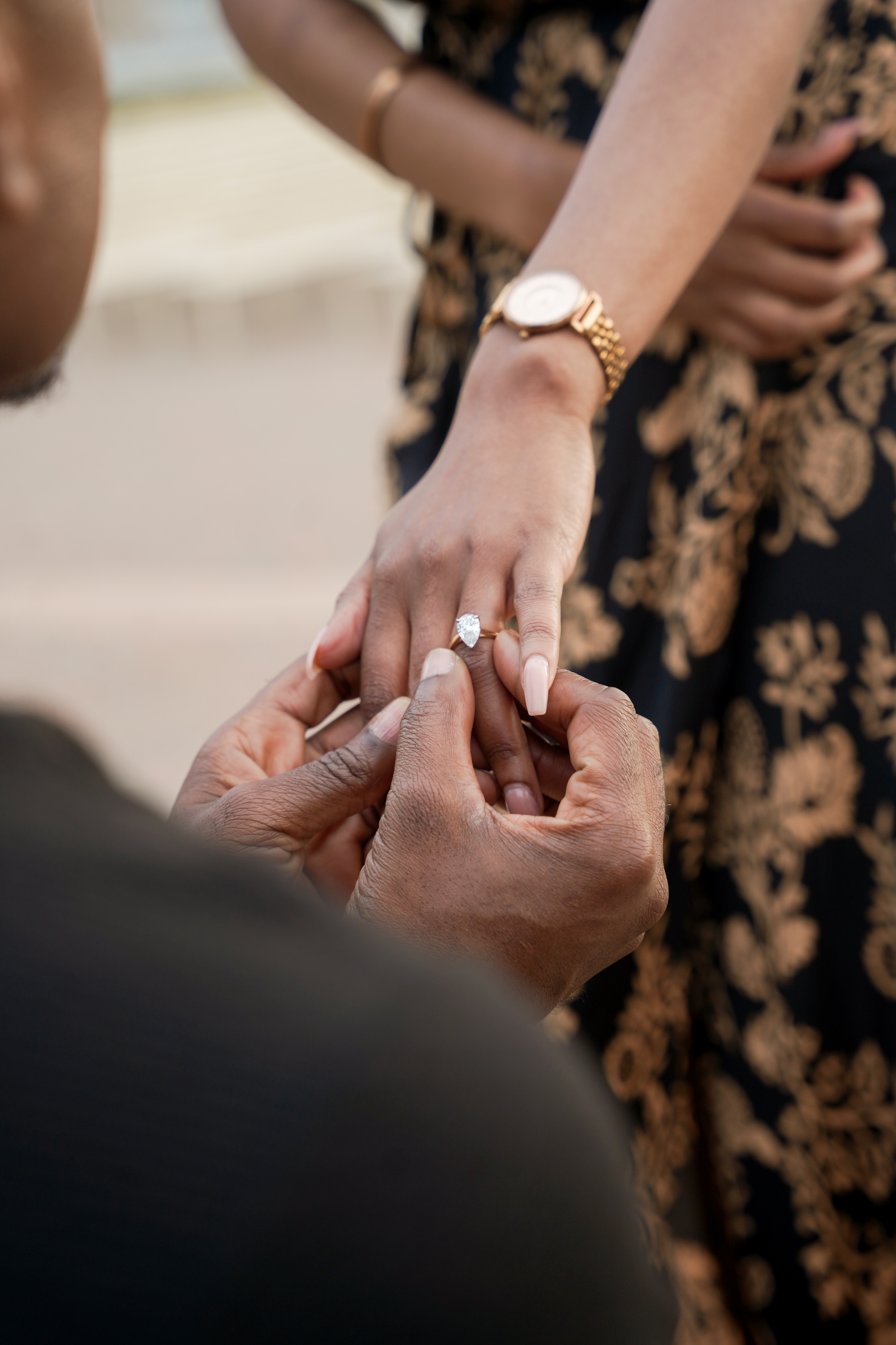 Close-up engagement ring detail shot from a San Diego proposal